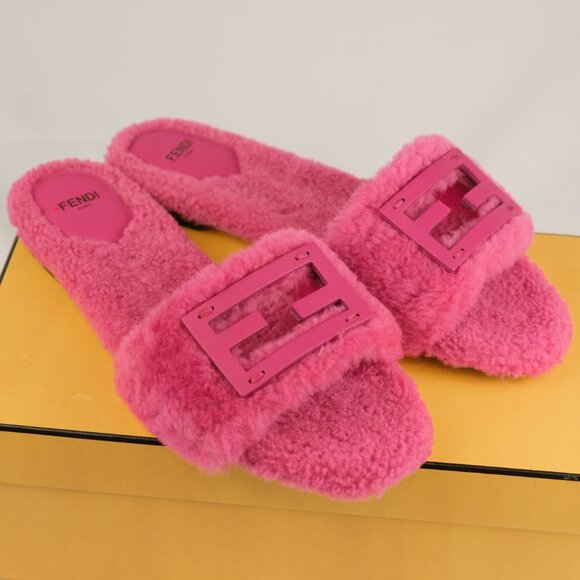 Fendi Shoes - Fendi Shearling FF Baguette Pink Slide Sandals